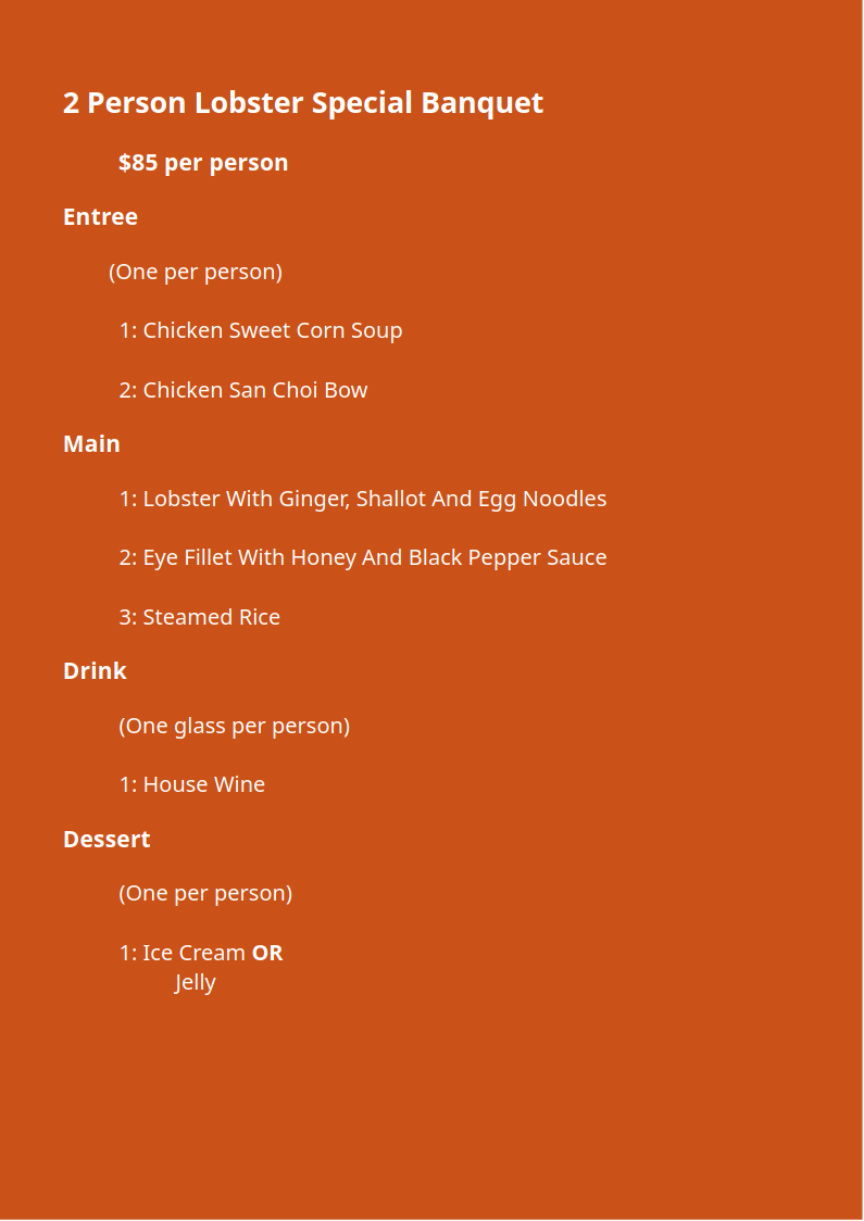 2 Person Lobster Special Banquet